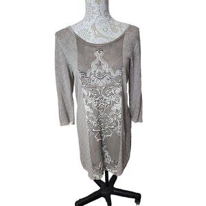 Chico's embellished tunic Top Mystic Scroll Athena Womens tan 3/4 Sleeve Medium